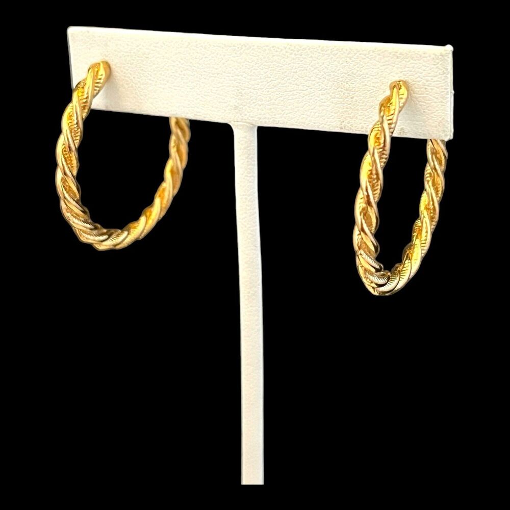 Vintage 1980s Gold Tone Twisted Rope Hoop Earrings Original Stock - 3V
